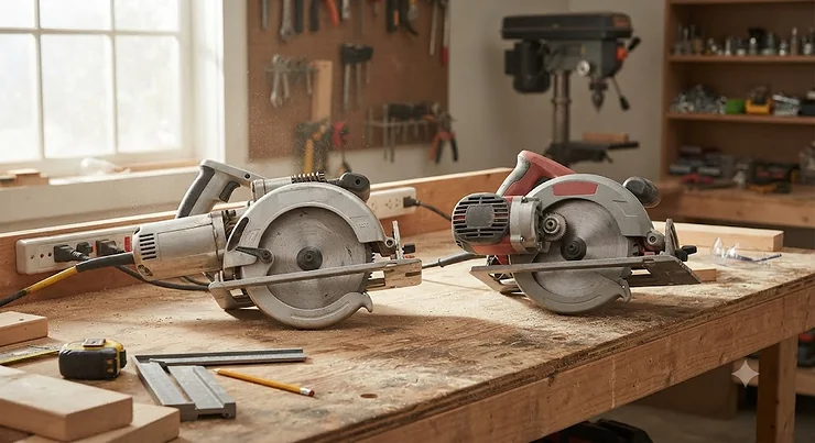 A side-by-side comparison of a worm drive and a sidewinder circular saw on a workbench, highlighting differences in motor placement and gear orientation. worm drive vs sidewinder circular saw