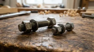 Close-up comparison showing the difference between 15 gauge and 16 gauge finish nailer fasteners side by side.
