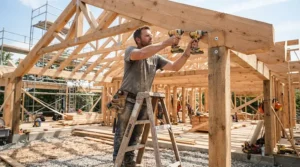 Framing professional working overhead on a ladder with a 21 vs 30 degree framing nailer.