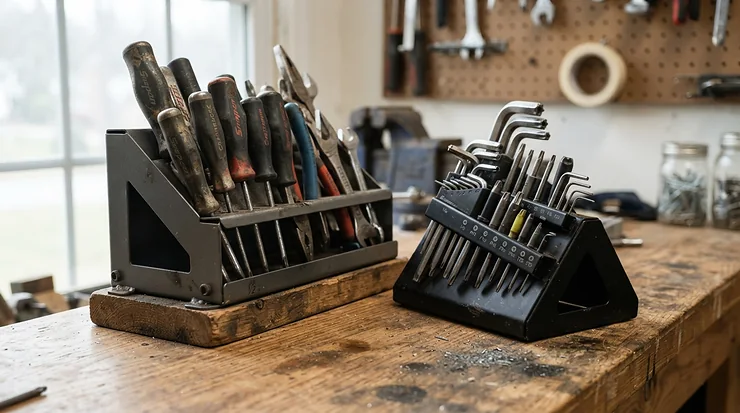 Close-up view showing magazine angle differences in a 21 vs 30 degree framing nailer setup.