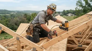 A carpenter comparing a 21 vs 30 degree framing nailer while installing roof decking on a residential home.