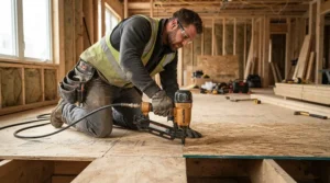 A contractor fastening plywood subflooring with a 21 vs 30 degree framing nailer.
