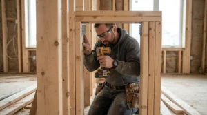 Demonstrating how a 21 vs 30 degree framing nailer performs inside tight corner framing spaces.