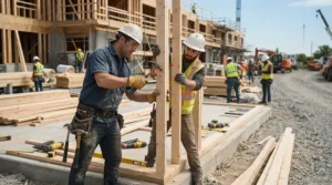 Framing crew assembling exterior wall studs using a 21 vs 30 degree framing nailer on a job site.