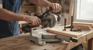 Woodworker adjusting the bevel and miter angle on a top-rated cordless miter saw for precise cuts.