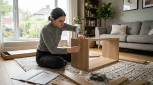 Assembling new living room furniture using items from a basic tool set for new homeowners.