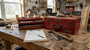 Reviewing a checklist next to an open basic tool set for new homeowners on a workbench.