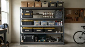 Organizing essential gear with a basic tool set for new homeowners on a garage storage rack.
