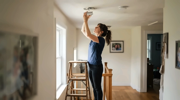 Using tools from a basic tool set for new homeowners to replace a smoke detector battery.