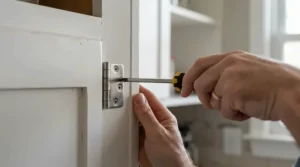 Using a screwdriver from a basic tool set for new homeowners to fix a loose kitchen cabinet door.
