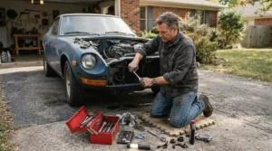 A DIY enthusiast using a starter metric wrench set to fix suspension components in the driveway.