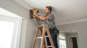 Craftsman using the best brad nailer overall to secure ceiling crown molding