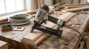 Professional cordless brad nailer resting on a wooden workbench with trim pieces