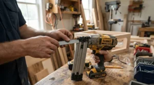 Loading metal fasteners into the magazine of the best brad nailer overall