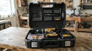 The best brad nailer overall packed neatly inside its durable plastic carrying case
