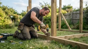 A DIY homeowner framing a strong corner angle using the best coil nailer for fencing.