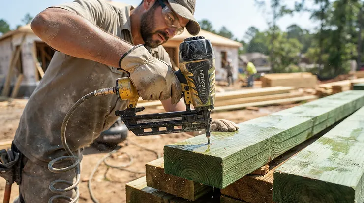 Driving heavy-duty fasteners into wet pressure-treated posts using the best coil nailer for fencing.
