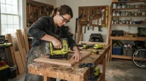 Crafter building a wooden picture frame with the help of the best cordless brad nailer