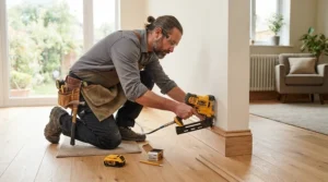 A contractor using the best cordless finish nailer for trim work on baseboards in a modern living room.