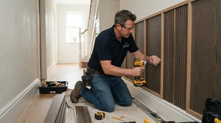 Installing decorative wall paneling using the best cordless finish nailer for trim.