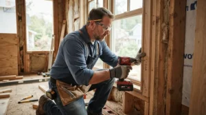 A carpenter operating the best cordless finish nailer for trim on a residential window sill.