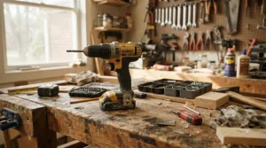 The best cordless finish nailer for trim resting on a workbench alongside custom carpentry pieces.