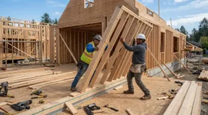 Framing the walls of a new custom home using the best framing nailer for structural work.