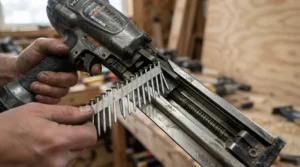 Close-up of different fastener types loaded into the best framing nailer magazine.