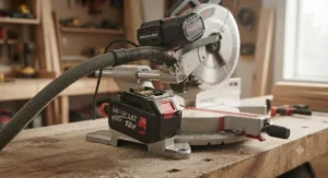 Close-up of a high-capacity lithium-ion battery powering a modern brushless cordless miter saw.