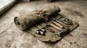 A reliable set of budget metric wrenches rolled up in a durable canvas pouch for roadside emergencies.