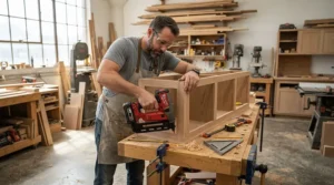 A furniture maker assembling custom hardwood cabinets using a cordless finish nailer