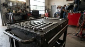 A chrome vanadium combination wrench set for mechanics resting on a rolling mechanic cart.