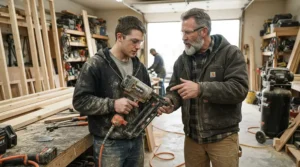 A beginner woodworker learning how to handle a coil framing nailer vs stick setup