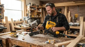 A contractor comparing a coil framing nailer vs stick model on a residential jobsite