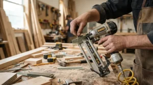 Worker demonstrating reload speed in a coil framing nailer vs stick shootout