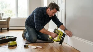 DIY homeowner installing baseboard trim using a portable battery-powered cordless nail gun