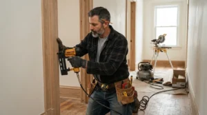 Using a precision finish nailer to secure door jambs and wooden casing in a new home.