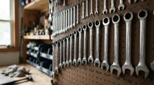 A drop-forged steel combination wrench set for mechanics displayed vertically on a pegboard tool rack.