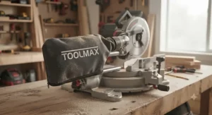 Efficient dust collection bag attached to the rear of a high-performance cordless miter saw.