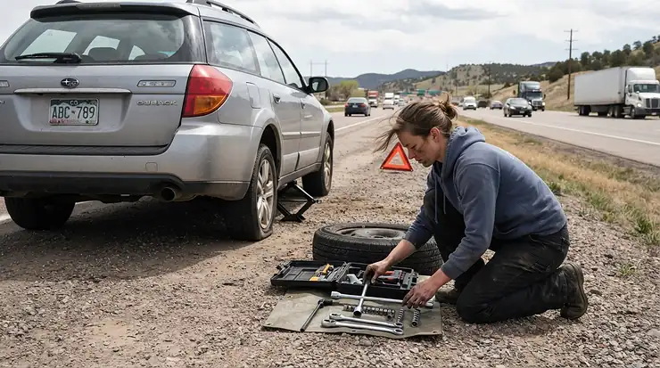 An emergency roadside hand tool kit laid out on the asphalt next to a vehicle with a flat tire.