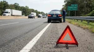 Setting up safety markers alongside an emergency roadside hand tool kit on a busy freeway shoulder.