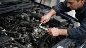Tightening a loose radiator hose with pliers from an emergency roadside hand tool kit.