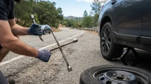 Using the lug wrench from an emergency roadside hand tool kit to secure a wheel.