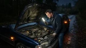 A driver using an emergency roadside hand tool kit alongside a flashlight during a nighttime breakdown.