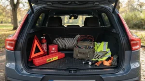 A compact emergency roadside hand tool kit neatly stored inside a spacious SUV trunk.