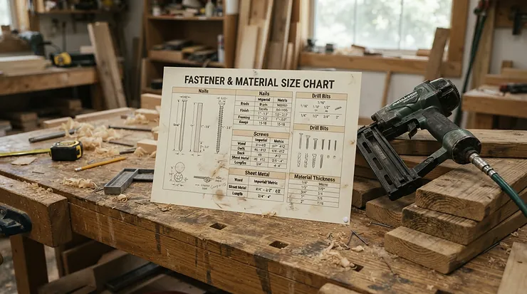 A comprehensive fencing nailer nail size guide displayed next to cedar fence boards and a pneumatic nail gun on a wooden workbench.