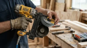 Loading wire-collated fasteners into a coil siding nailer, referenced from a fencing nailer nail size guide.