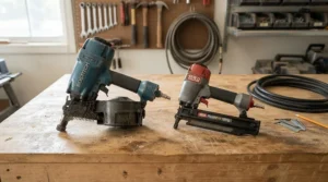 A visual comparison from a fencing nailer nail size guide contrasting a compact roofing nailer with a heavy-duty fencing tool.