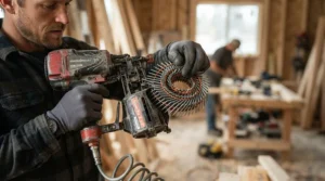An expert consulting a fencing nailer nail size guide while testing a coiled siding nailer on outdoor lumber.