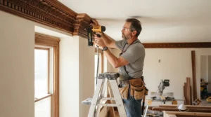 A finish carpenter installing crown molding with a lightweight cordless brad nailer